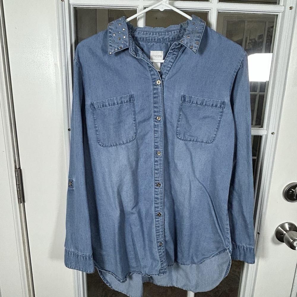 Chicos Gold Studded Collar Chambray Denim Button Down Shirt Tencel Size 2 (L) - Picture 3 of 12